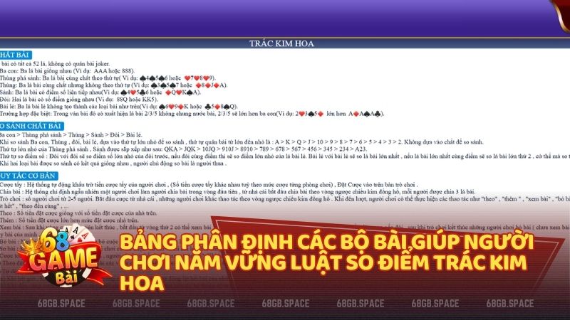 Chi tiết các chất bài trong Trác Kim Hoa 68GB giúp bạn phân định thắng thua nhanh chóng