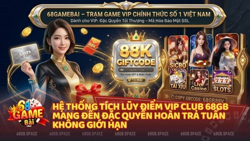 Hệ thống tích lũy điểm VIP Club 68GB mang đến đặc quyền hoàn trả tuần không giới hạn và quà sinh nhật giá trị.